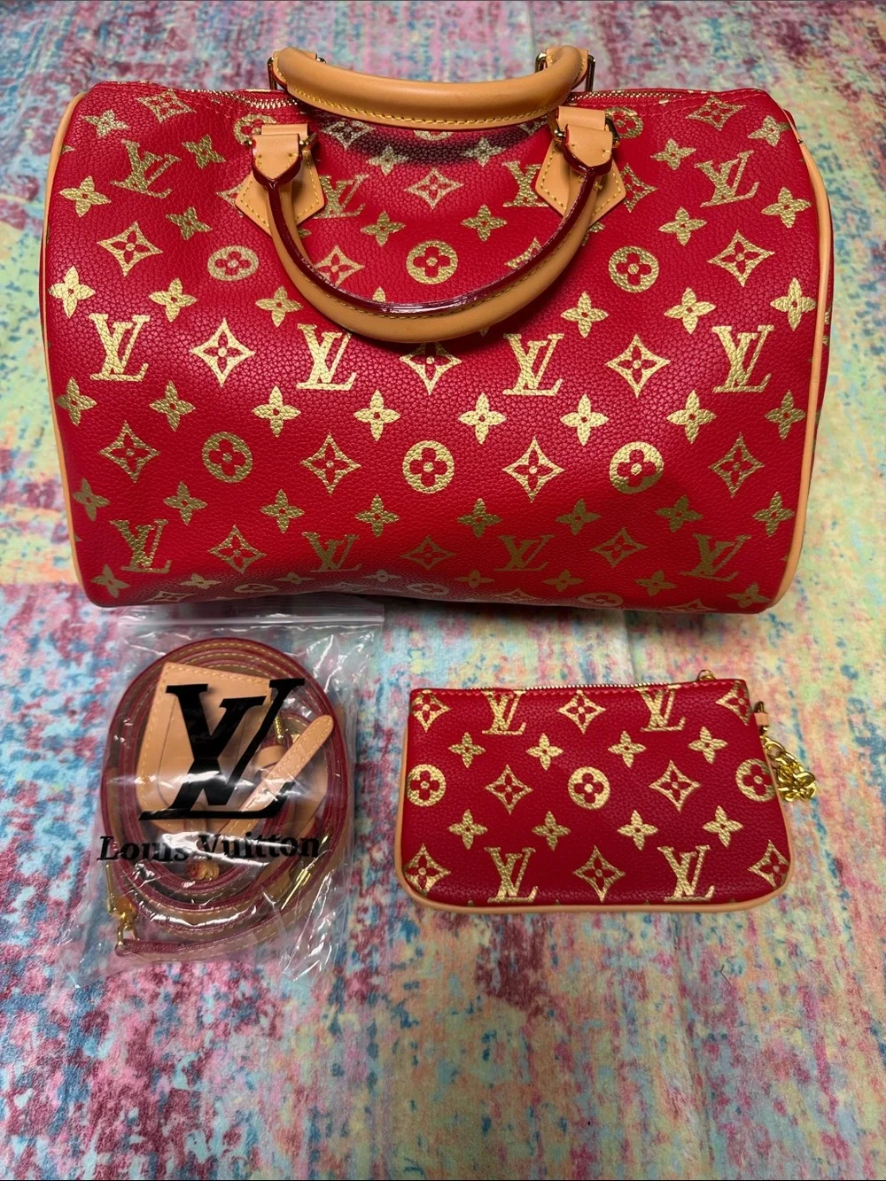 Red Monogram Canvas with Gold Accents